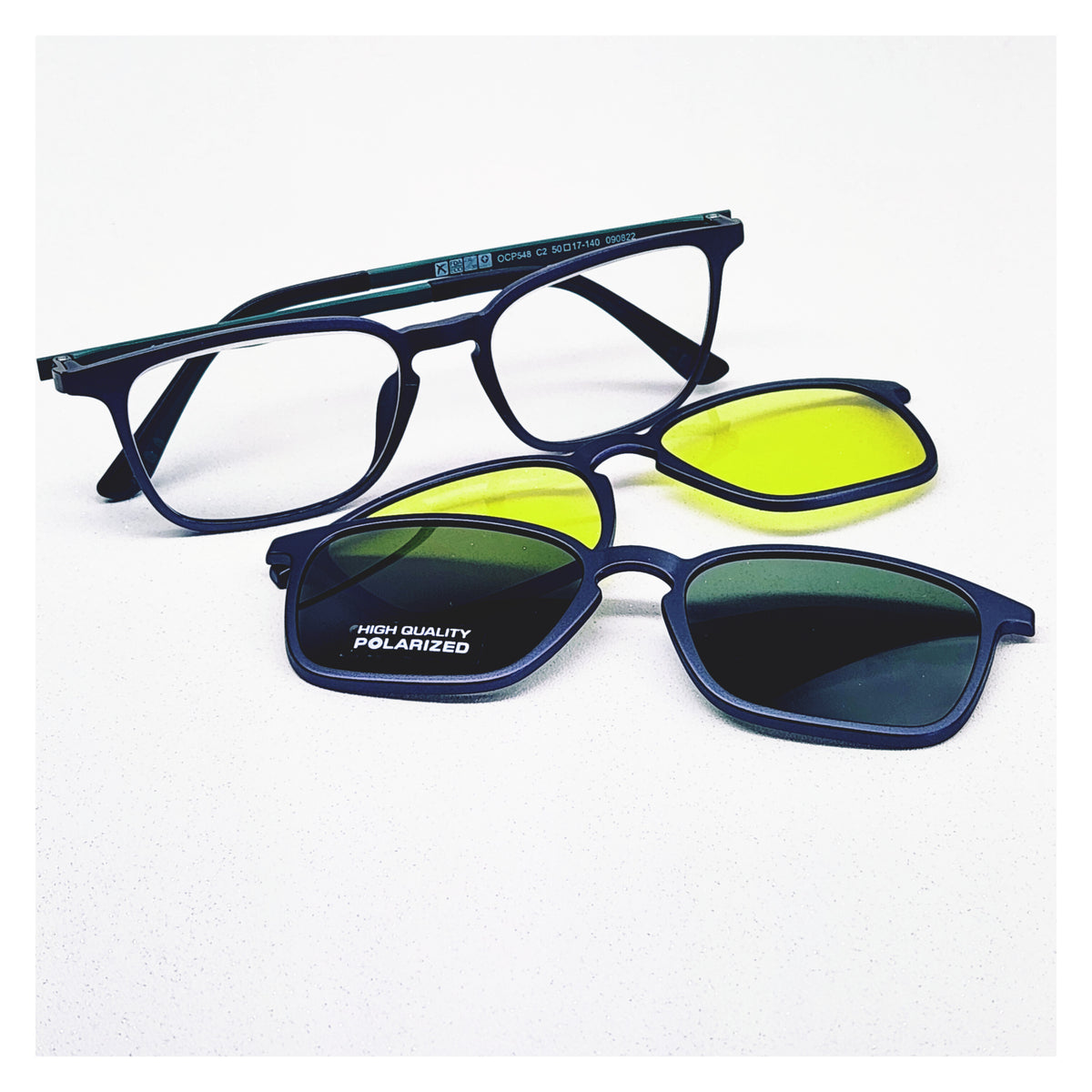 Lunettes Homme antireflet anti-lumière bleue + clip solaire polarisé + clip jaune pour conduite de nuit.