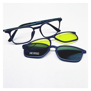 Lunettes Homme antireflet anti-lumière bleue + clip solaire polarisé + clip jaune pour conduite de nuit.