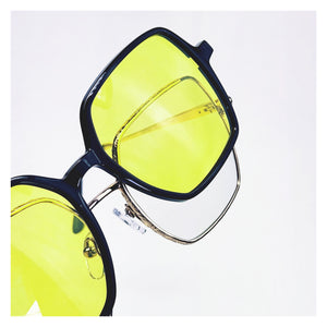 Lunettes Femme antireflet anti-lumière bleue + clip solaire polarisé + clip jaune pour conduite de nuit.