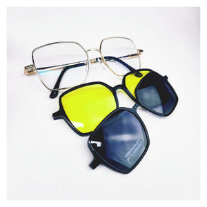 Lunettes Femme antireflet anti-lumière bleue + clip solaire polarisé + clip jaune pour conduite de nuit.